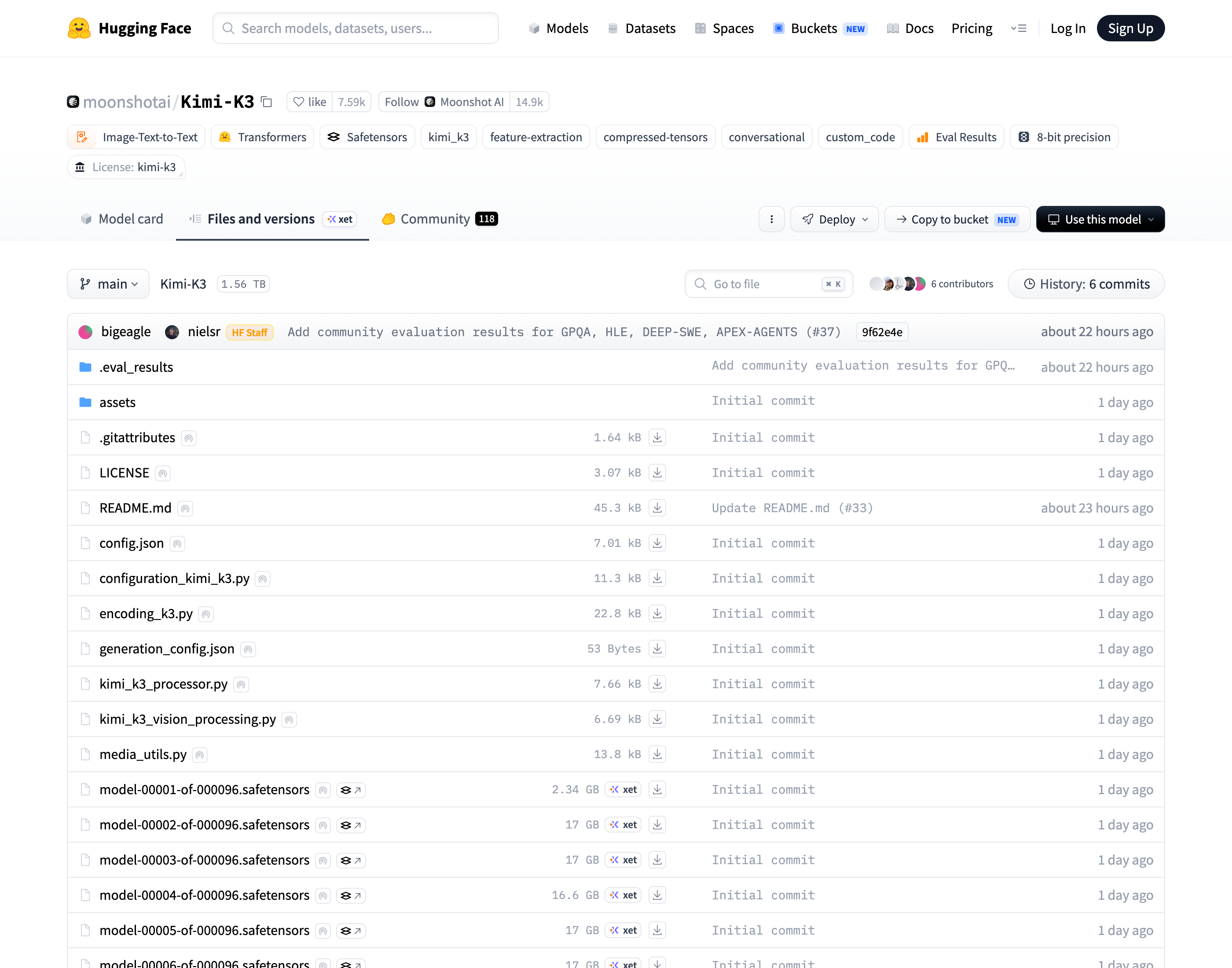 HuggingFace 官方仓库文件清单：1.56 TB 徽章、License 为 kimi-k3、一批 .py 推理代码文件，以及 model-00001 到 00096 的权重分片