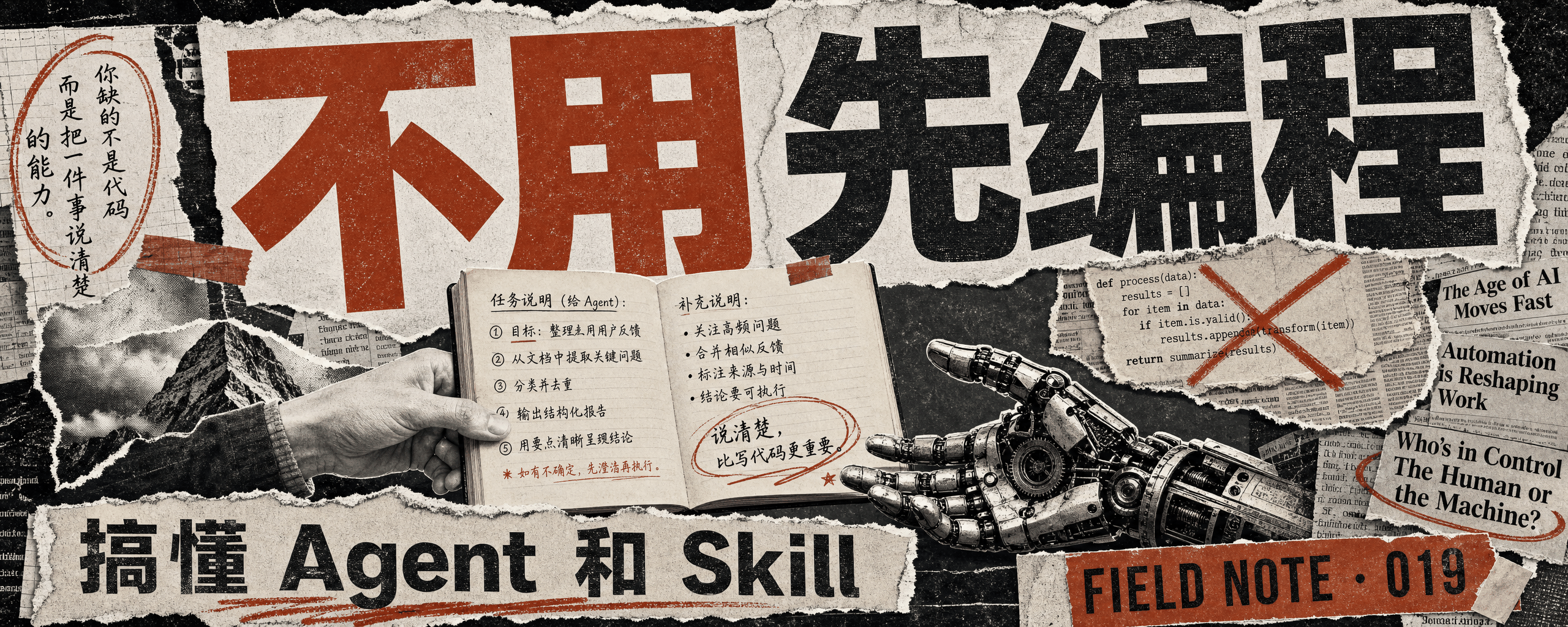 撕纸拼贴封面：巨字「不用先编程」，一只手把写满步骤的说明书递给机械手，旁边代码被红叉划掉