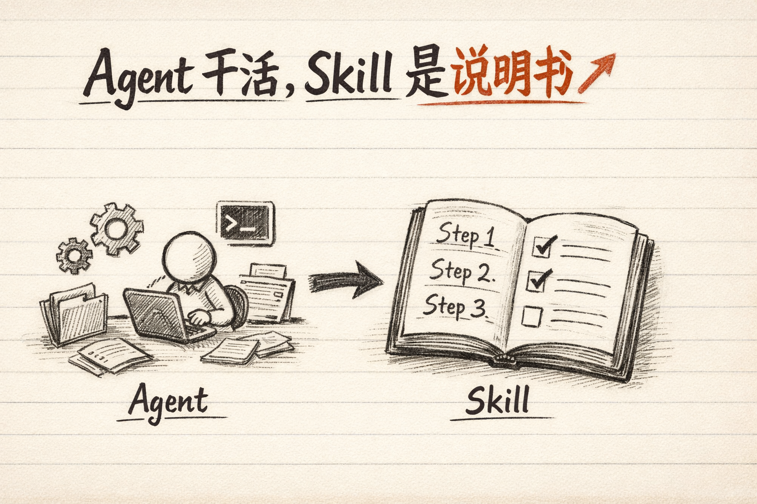 手绘剪贴：左边小人在桌前调工具干活（Agent），右边一本写着 Step 1/2/3 的说明书（Skill），箭头相连