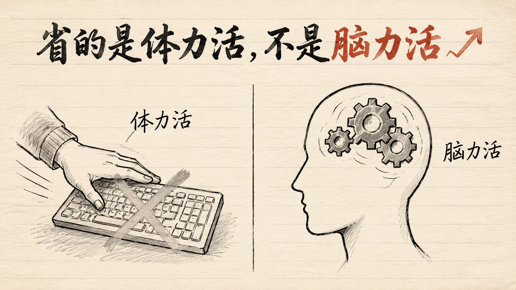 手绘剪贴：左边一只手把键盘放下、键盘被划掉（体力活），右边一个头侧脸、脑中齿轮转动（脑力活）