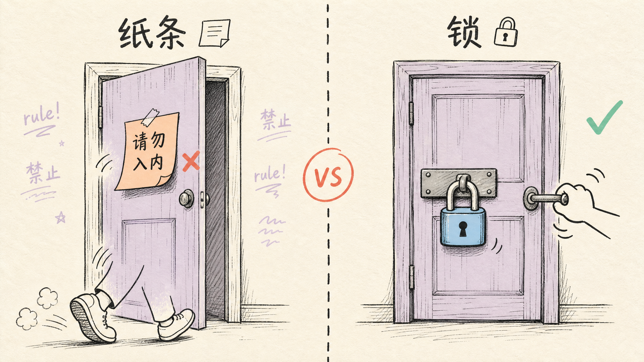 纸条 vs 锁：写在指令里的"不许"是飘动的纸条，权限层的锁才是边界。
