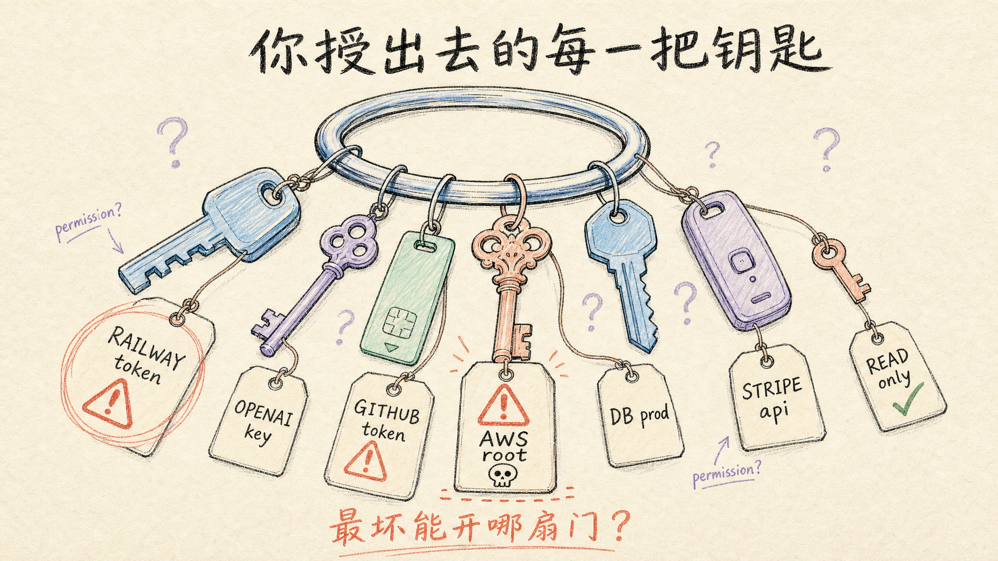 你授出去的每一把钥匙：每一个 token / key / api 都是一扇门，最坏能开到哪？