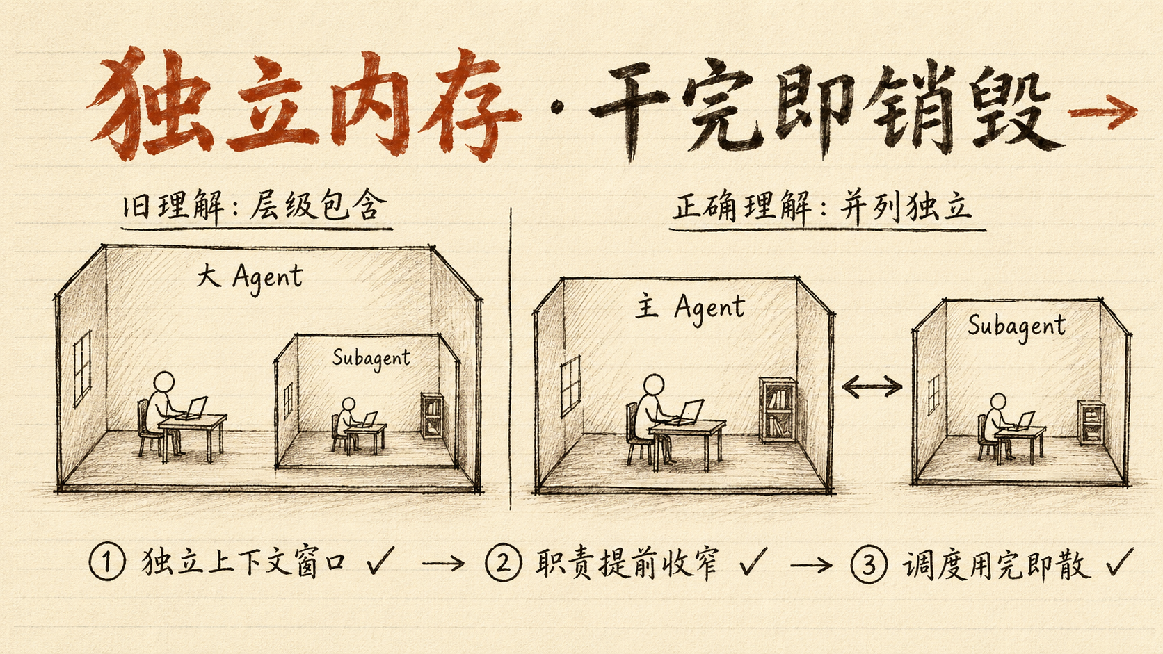 旧理解是层级包含，正确理解是并列独立；三条真区别：独立上下文窗口、职责提前收窄、调度用完即散
