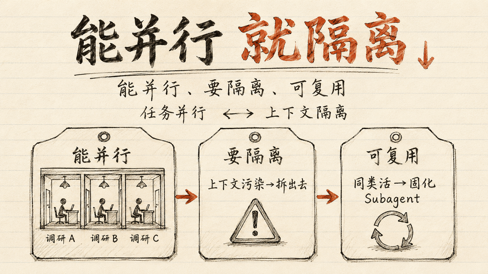 该拆三信号:能并行、要隔离、可复用——核心是任务并行与上下文隔离