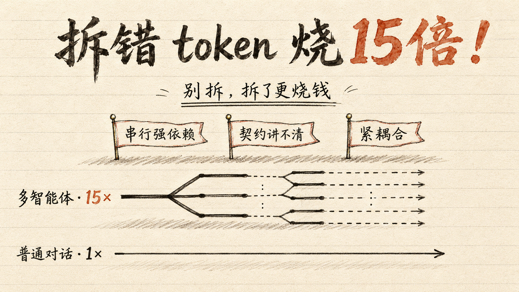 别拆三信号：串行强依赖、契约讲不清、紧耦合——拆错 token 烧 15 倍