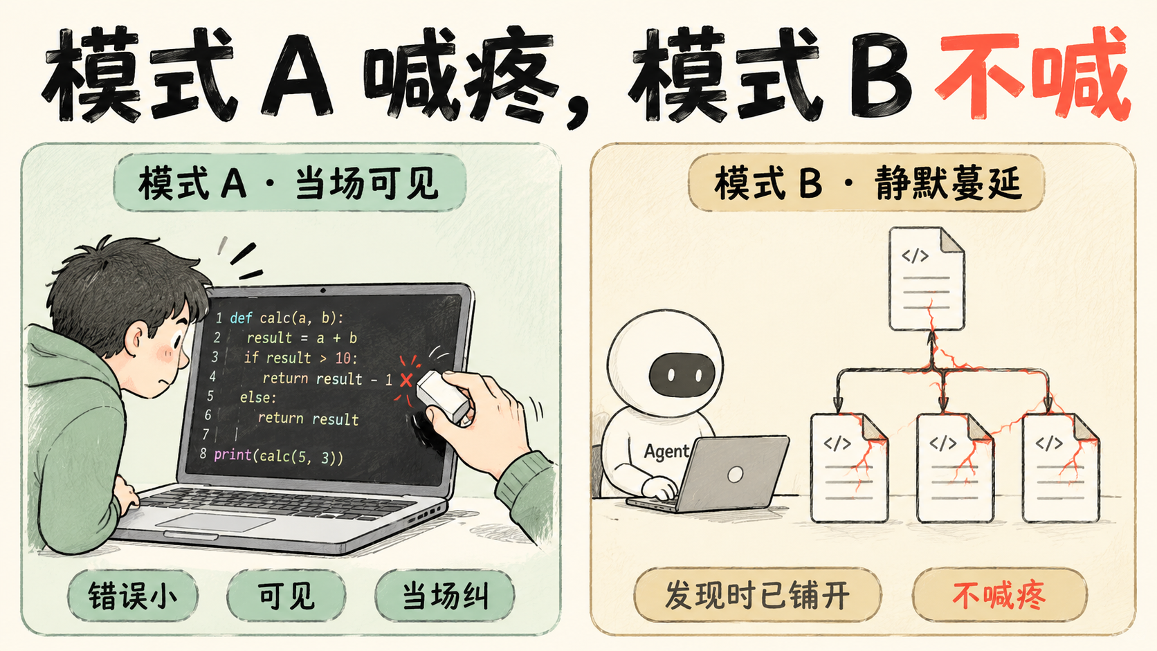 失败模式差异：模式 A 喊疼，模式 B 不喊