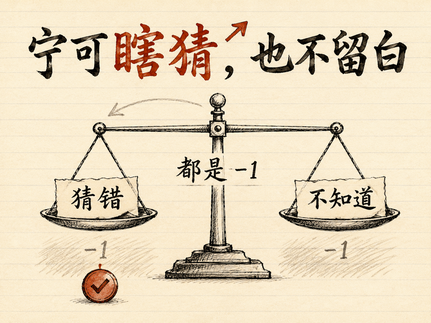 手绘平衡天平：左盘「猜错」右盘「不知道」，下面都标 -1，但左盘底下多一枚红色 ✓ 硬币——模型因此向「猜」一侧倾斜