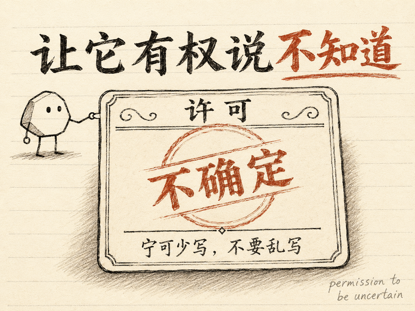 手绘许可证卡片：卡顶写「许可」，中央盖着红色印章「不确定」，卡下写「宁可少写，不要乱写」；卡左侧一个简笔机器人小石头伸手领证
