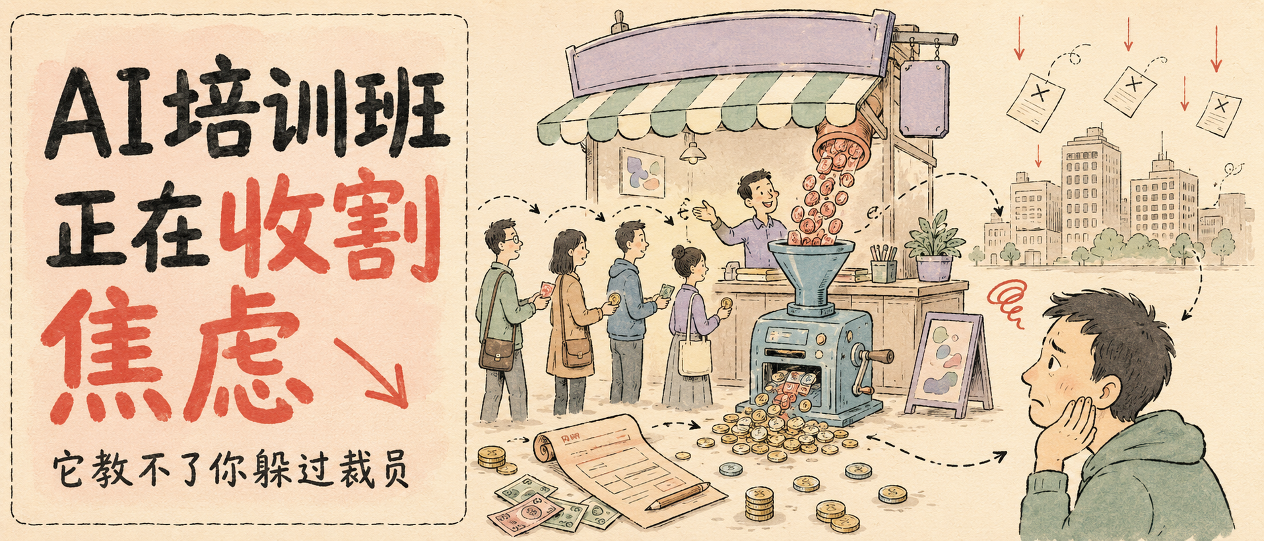 封面：AI培训班正在收割焦虑 — 暖手绘马卡龙风格