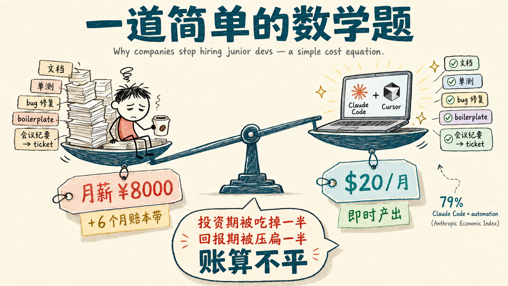 一道简单的数学题：junior 8000 月薪 vs $20 Claude Code 天平