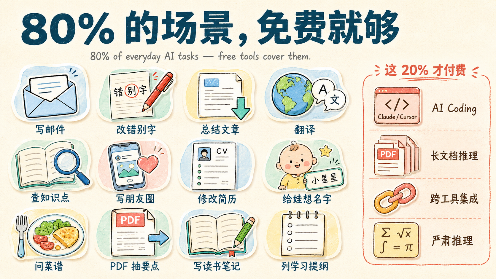 80% 的场景，免费就够：12 个常见任务 vs 20% 才付费