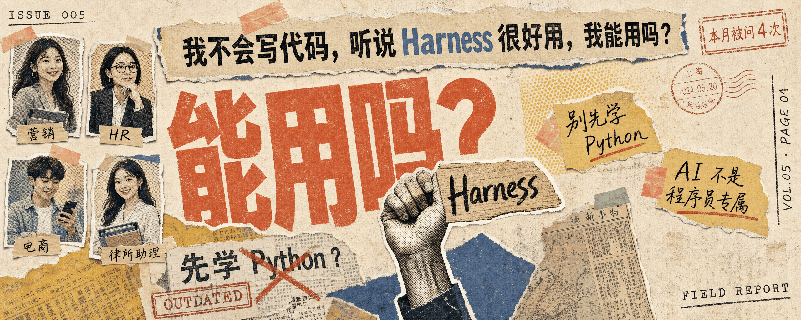 封面：作者举起写着 Harness 的木牌，下面跳出钉钉 / 飞书 / ChatGPT / Zapier 图标，4 个朋友围观