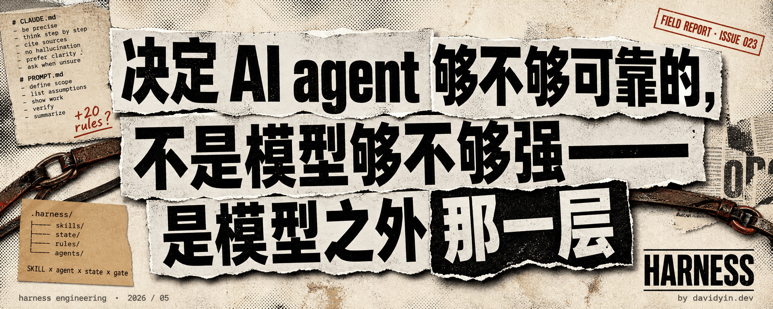 harness 概念封面 — 撕开 prompt 长清单，露出底层 harness 目录骨架