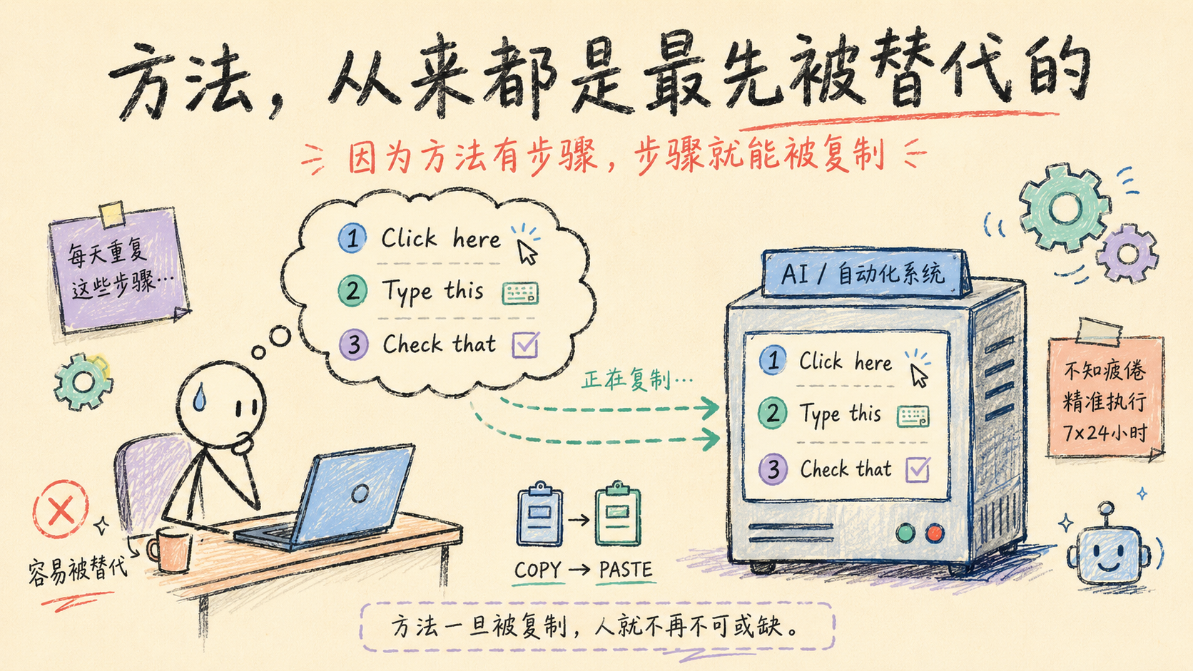 方法最先被替代：因为方法有步骤，步骤就能被复制