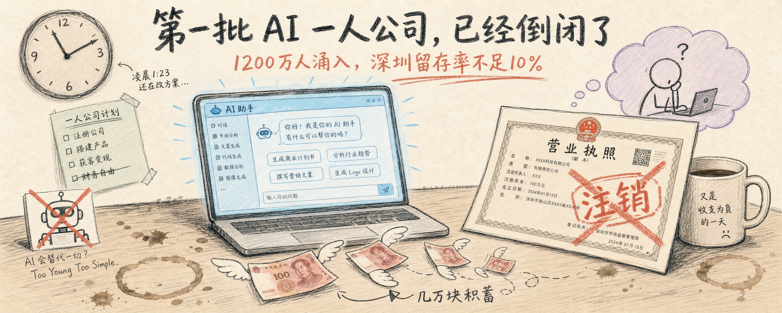 封面：几万块积蓄，一张营业执照，一台能跑 AI 的电脑——半年后钱烧光，客户为零