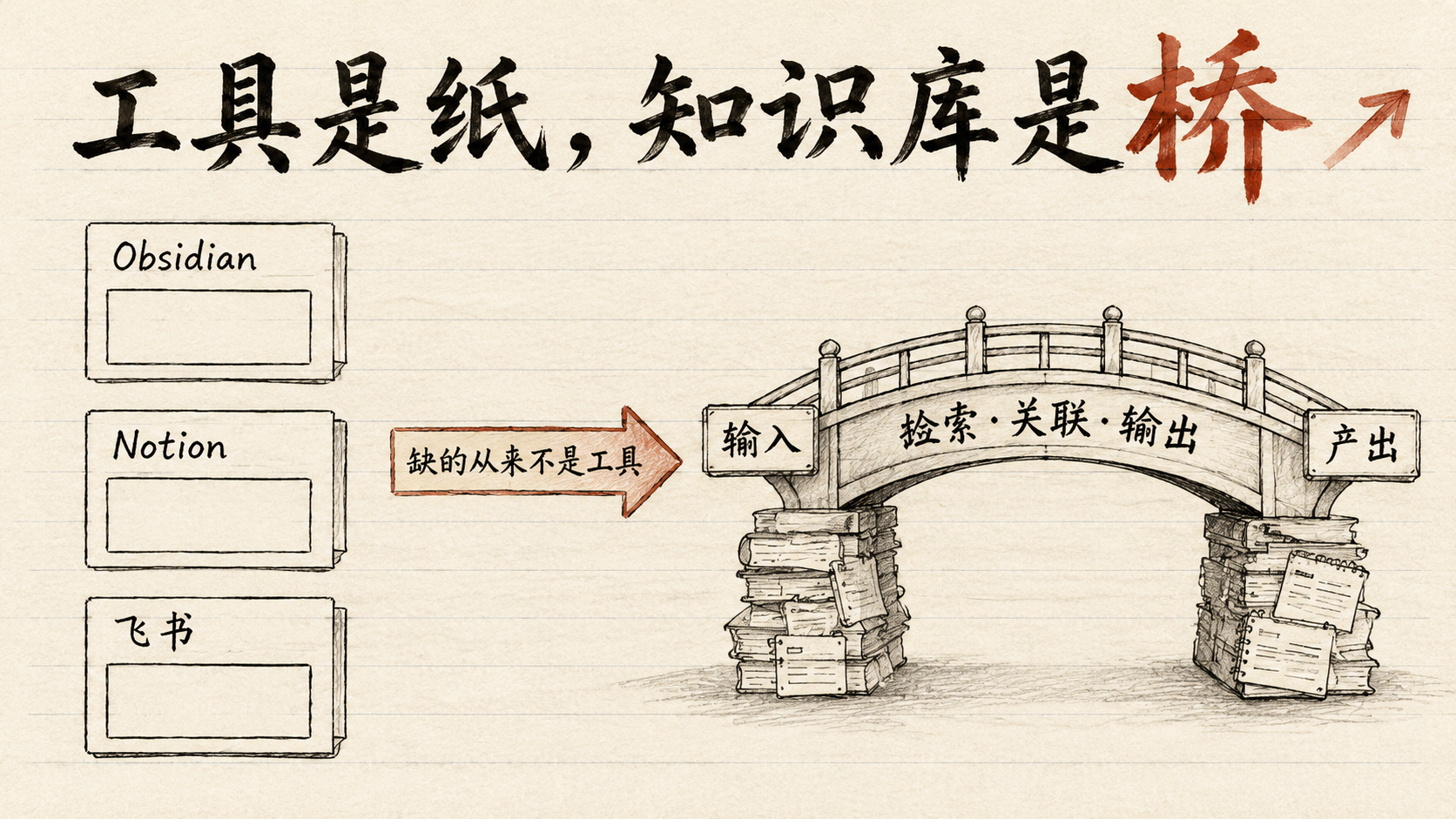 内文图：工具是纸，知识库是桥 — craft-handmade 手绘对比，左侧工具盒子空置、右侧桥梁连接输入与产出