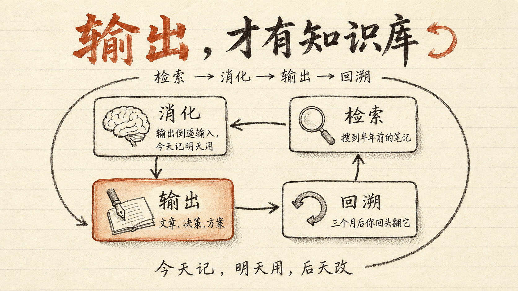 内文图：输出，才有知识库 — craft-handmade 循环流程，检索→消化→输出→回溯 四个节点形成闭环