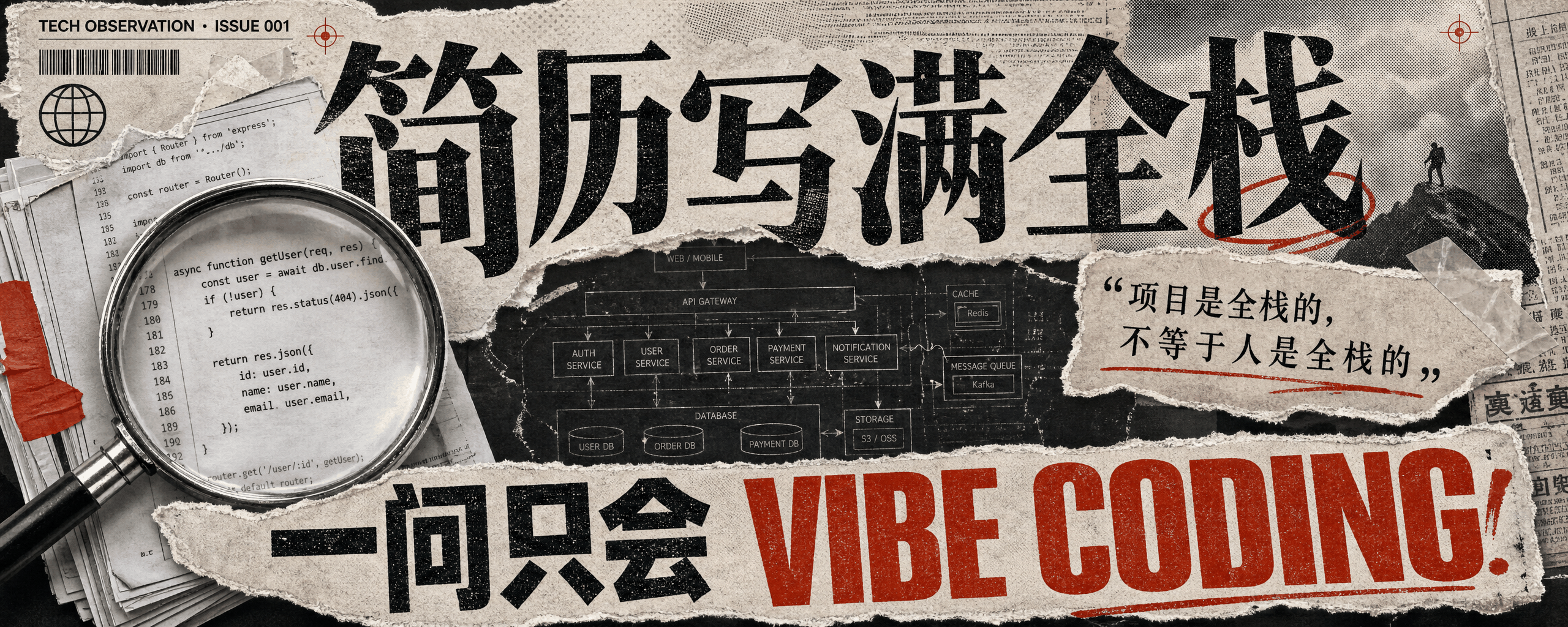 简历写满全栈，一问只会 Vibe Coding — 撕纸拼贴封面